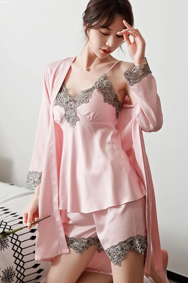 Summer Autumn Spring 5 Pieces Set Silk Elegant Women Pajamas Set Shorts Sleeve Top Elastic Waist Pants Lounge Sleepwear