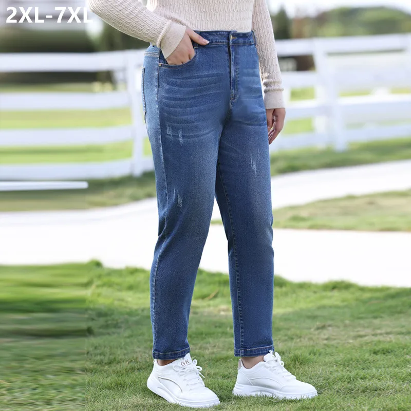 

Женские джинсы с завышенной талией, облегающие брюки-карандаш для женщин, большой размер 5XL, 6XL, 7XL, 110 кг, эластичные джинсовые брюки для девочек