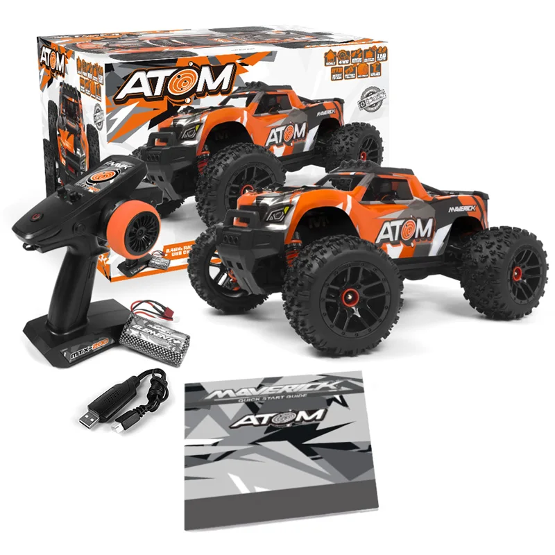HPI 매버릭 ATOM 1/18 스케일 RC 몬스터 트럭 전동 4륜 구동 브러시드 오프로드 LED 라이트 방수 기능 탑재 즉시 운행 가능 모델 자동차