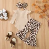 Citgeett Autumn Infant Baby Girls Jumpsuit Solid Color Ribbed Fly Sleeve Romper + Leopard Flare Pants Spring Clothes 3