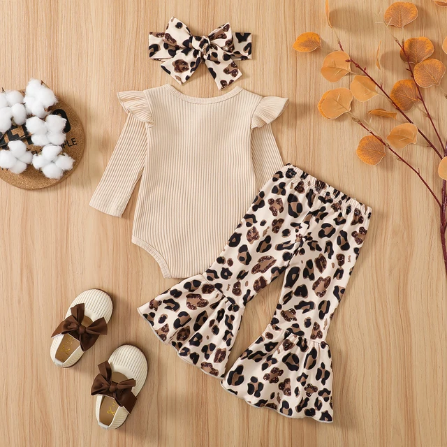 Citgeett Autumn Infant Baby Girls Jumpsuit Solid Color Ribbed Fly Sleeve Romper + Leopard Flare Pants Spring Clothes 3