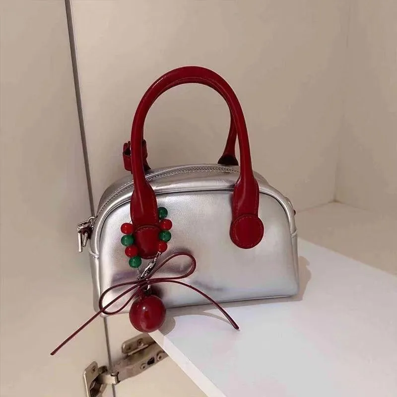 Hot Girl Cute Silver Bowling Handbag Women Fashion Leather Petite Shoulder Bag Ladies Stylish Casual Versatile Crossbody Bag New