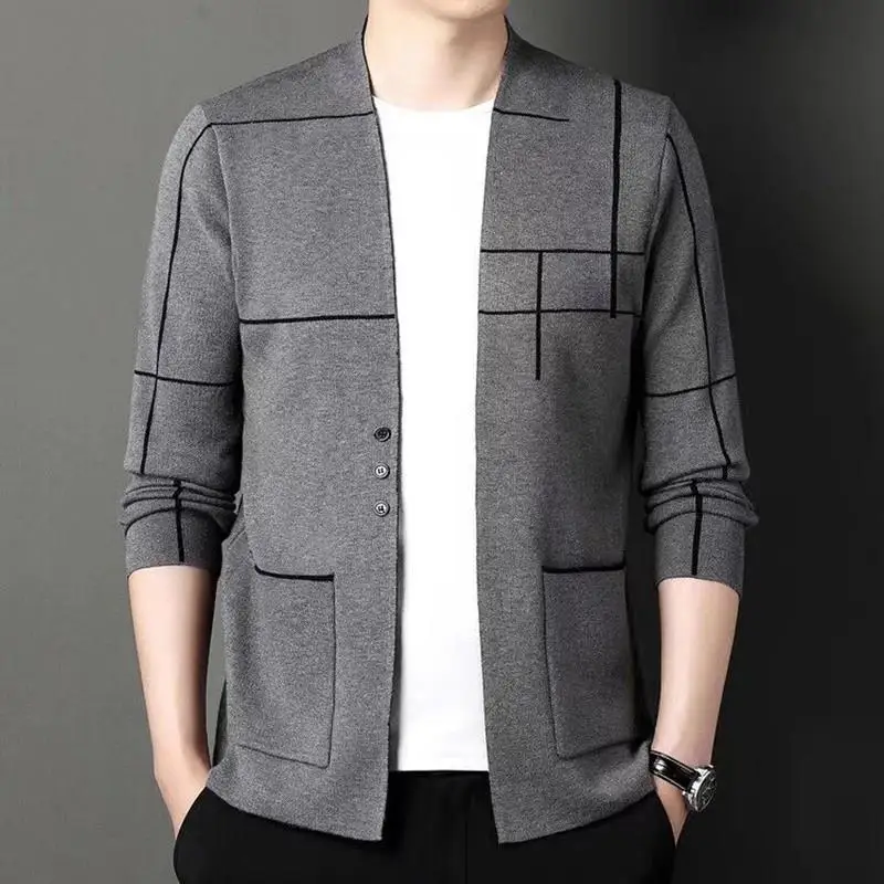 Spring Autumn KPOP Fashion Style Harajuku Slim Fit Tops Loose Casual All Match Outerwear Cardigan V Neck Jacquard Weave Jacket