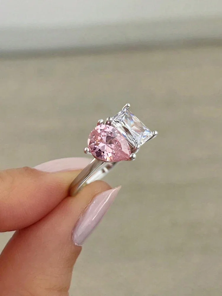 Ring aus 925er-Sterlingsilber, Wassertropfen, quadratisch, funkelnder Zirkon, für Damen, Verlobung, Hochzeit, Luxus-Mode, hochwertiger edler Schmuck – Detail 4