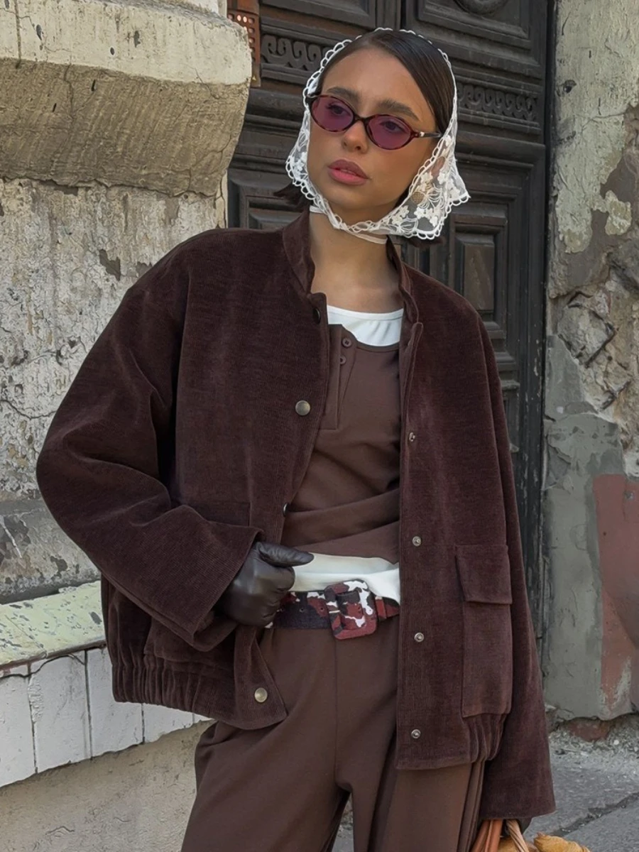 Bornladies Women's New Autumn 2025 Brown Corduroy Jacket Stand Collar Trendy Loose Fit Single - Breasted Long Sleeve Fashion