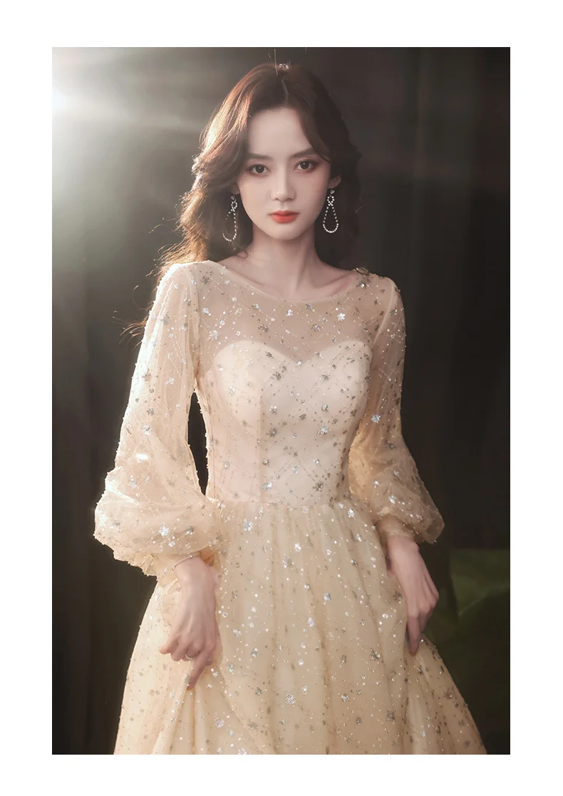 Elegant Simple Sequin Tulle Long Evening Dresses For Women A-Line Floor-Length Wedding Formal Gowns With Sleeves petite formal dresses & gowns