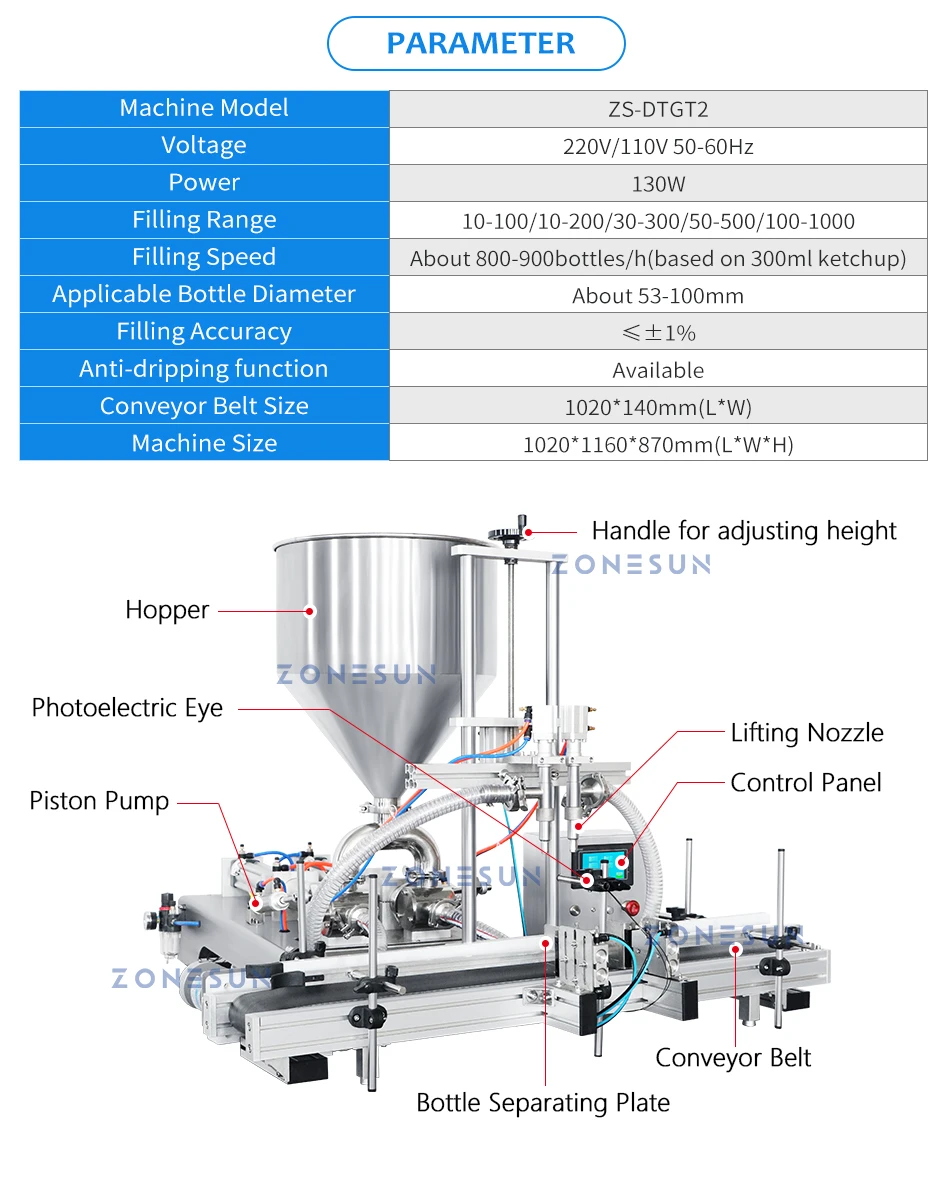 ZONESUN ZS-DTGT2 Automatic 2 Lifting Nozzles Pneumatic Piston Pump Paste Filling Machine