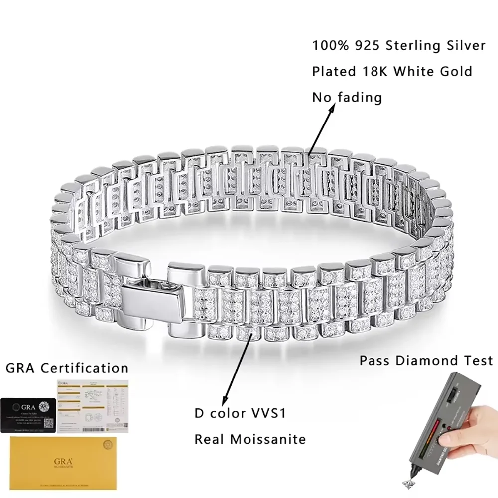 IGOTOS 1.2mm Moissanite Watch Chain Bracelet 925 Sterling Silver Certified Women Men Full Diamond Bangle Fine Jewelry - Image 4