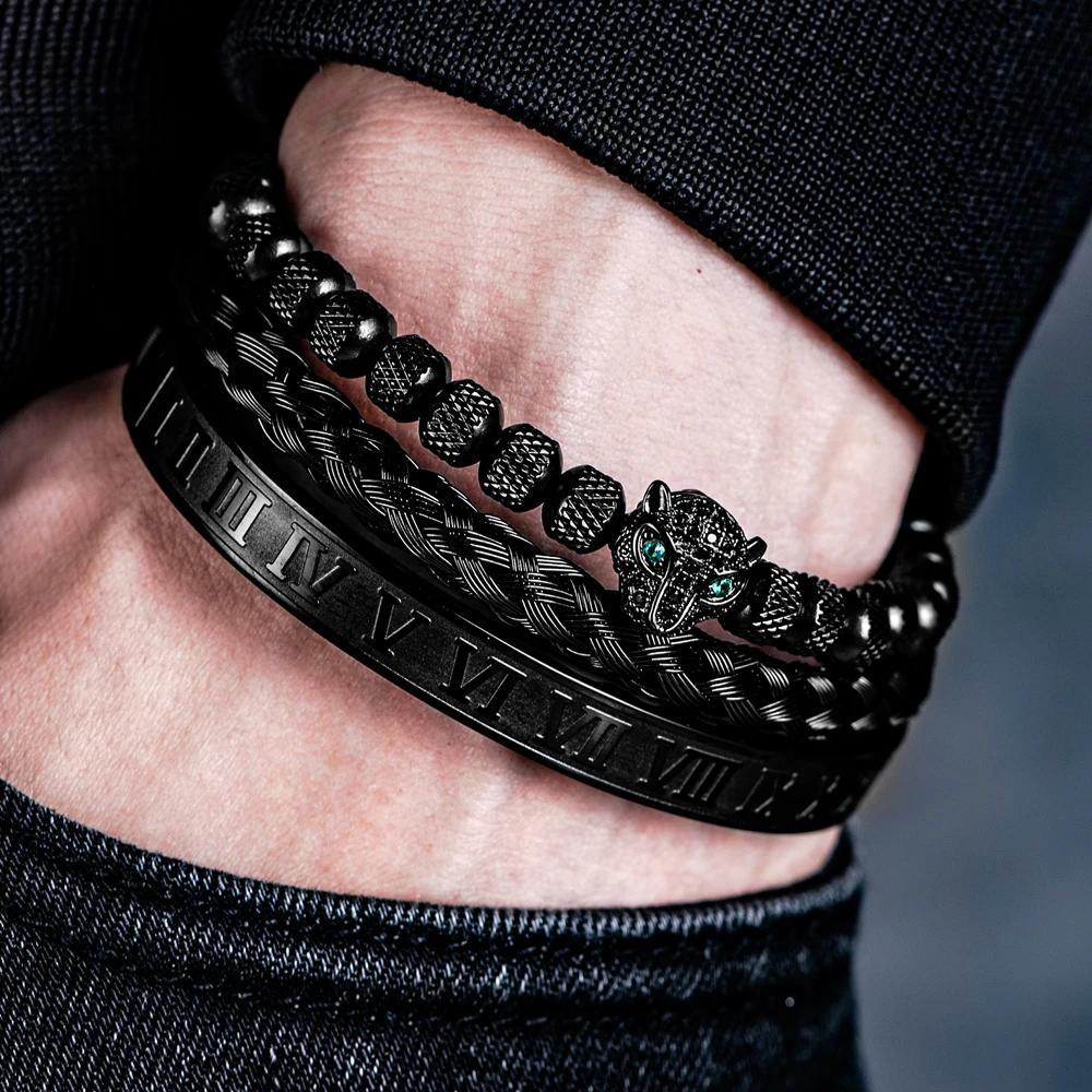 3-Pack Men's Hip Hop Bracelets - Braided, Leopard Head & Roman Numeral Cuff, Adjustable Stainless Steel - View #3