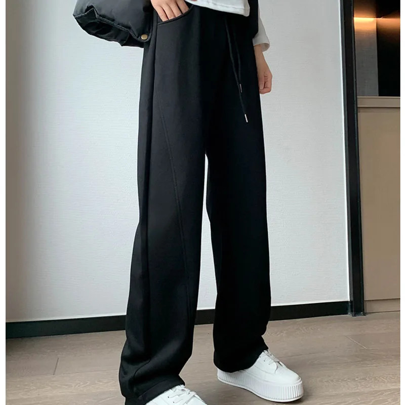 

Winter Thick Baggy Straight Trousers Female Casual Loose High Waist Long Sweatpants Fashion Pocket Warm Sporty Pants Women 23560