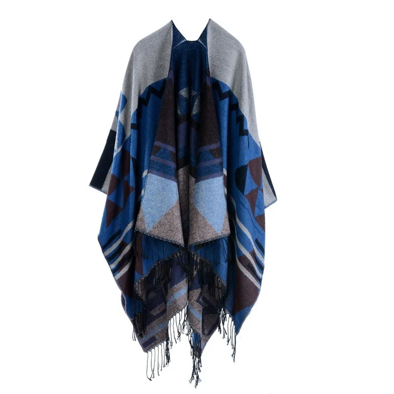 Autumn Winter Geometric pattern tassel Double sided Split Warm Cape Women Imitation Cashmere  Poncho Lady Capes Blue Cloaks custom metal keychain new men s car creative pendant event small gift key waist buckle double sided blue patch waist key chain