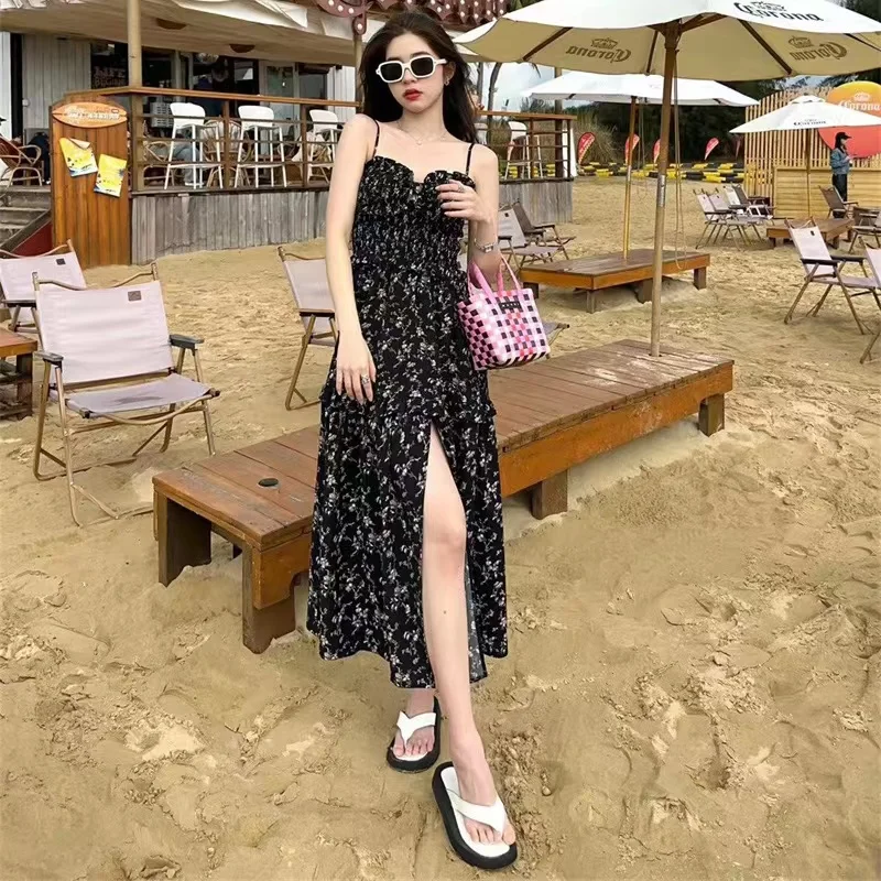 

2024 Versatile Temperament in Spring Summer New Printed Suspender with Chiffon Wood Ear Edge Fashion Casual Mid Length Dress