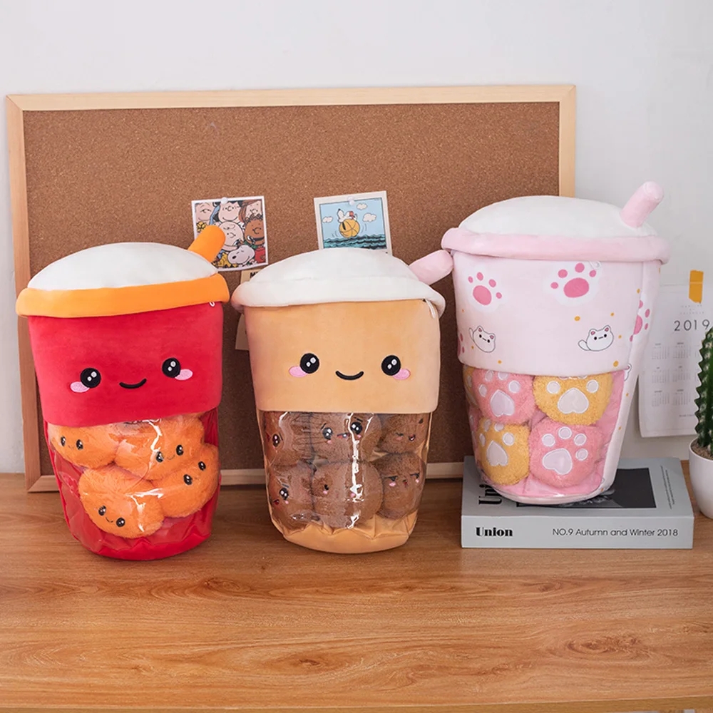 Cute Boba Milk Tea Plush Toy Soft Stuffed A Barrel of Wolfberry Cat Paw Taste Lohas Plushie Hug Pillow Room Sofa Decor Cushion