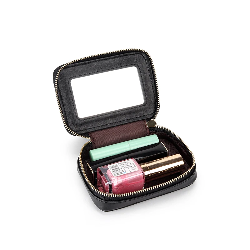 Genuine Leather Ladies Lipstick Bag EDC Earphone Organizer Coin Wallet Excellent Leather Mini Makeup Case Mirror Lipstick Pocket
