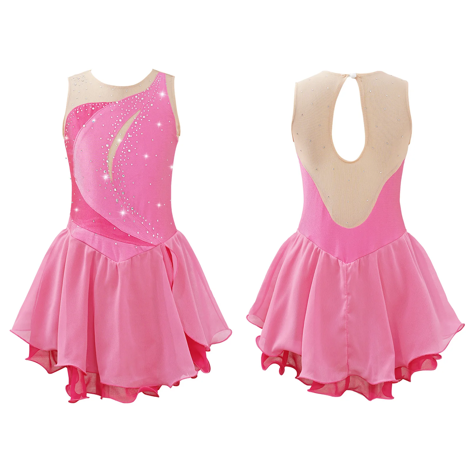 thumbnail image 1 of Traje de patinaje sobre hielo para niñas con brillantes diamantes de imitación, maillot de ballet, vestido de baile lírico con dobladillo irregular, vestido de tutú y leotardo, 1 of 5