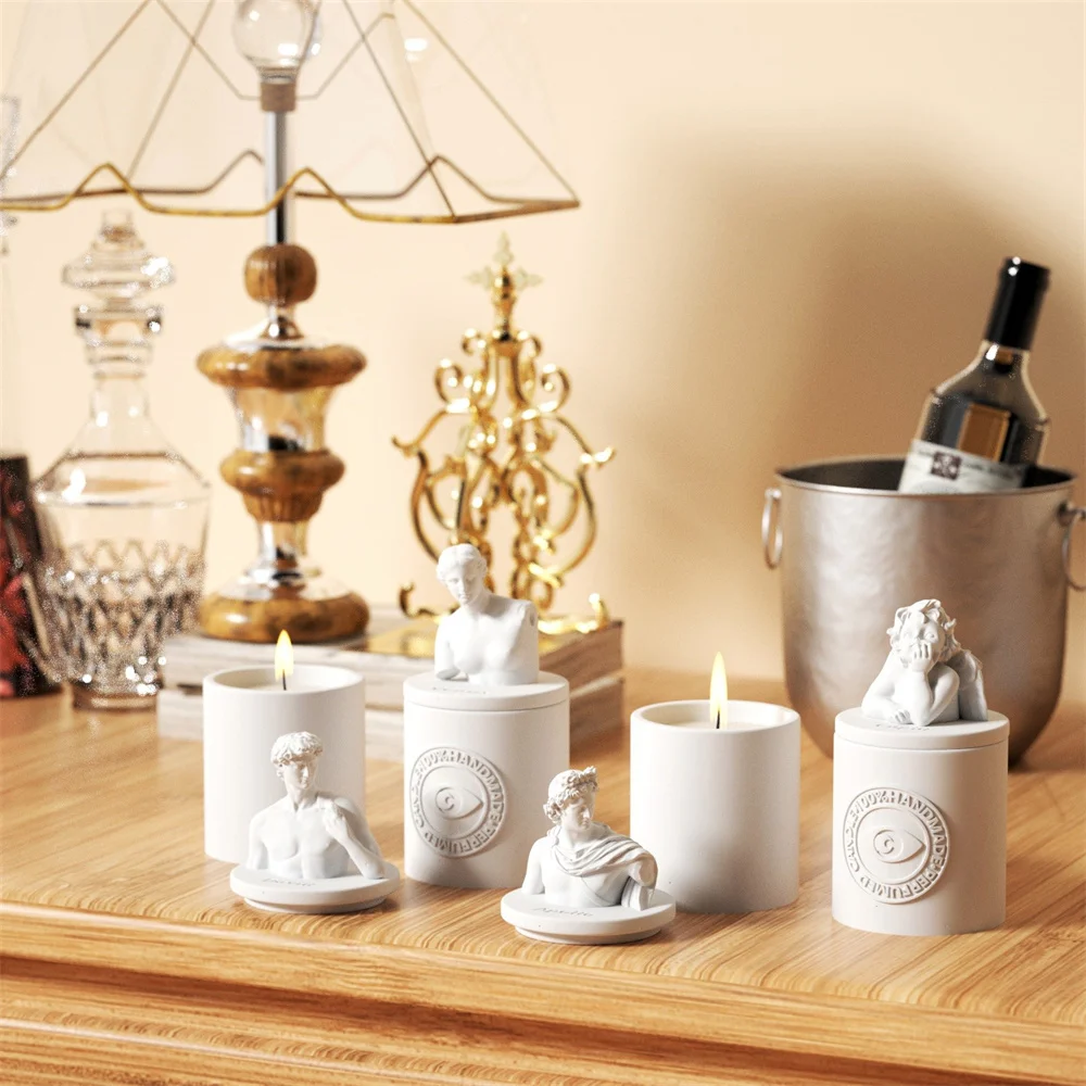 Greek Sculpture Candle Jar Mold Cement Candle Vessel Mould with Lid
