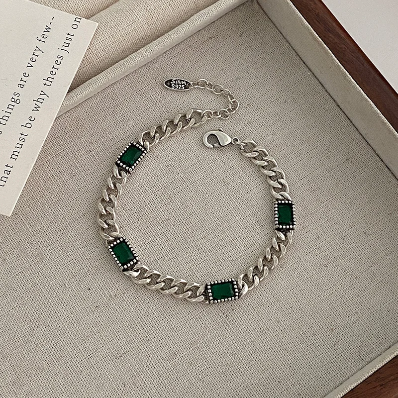 925 Sterling Silver Green Stone Retro Chain Bracelet For Women Men Charms Party Gift Wedding Engagement Fashion Jewelry - Image 5