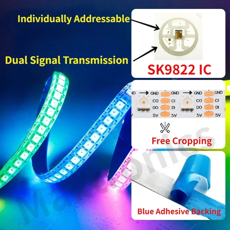 1M/3M/5M DC5V APA102 LED 픽셀 듀얼 신호 SK9822 LED 스트립 라이트 30/60/144leds/픽셀/m IP30/IP65/IP67 개별 주소 지정 가능