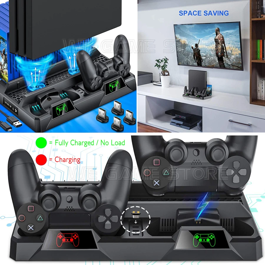 Suporte para PS4 com ventoinha de resfriamento para PS4 Slim/PS4  Pro/PlayStation 4, suporte vertical para PS4 com estação de carregamento de  controle duplo e armazenamento de 16 jogos