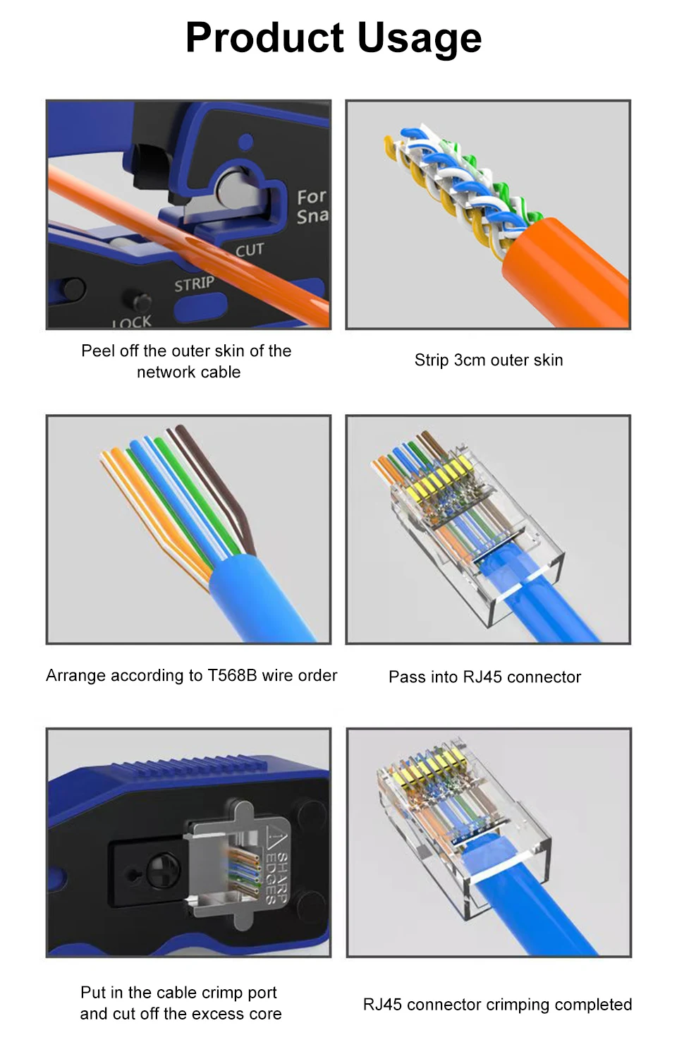 ONTi RJ45 Crimp Tool Pass Through Crimper for Crimping Cat8/7/6/5 Cat5e Connector with Replacement Blade Ethernet Cable Stripper elegiant cable tester