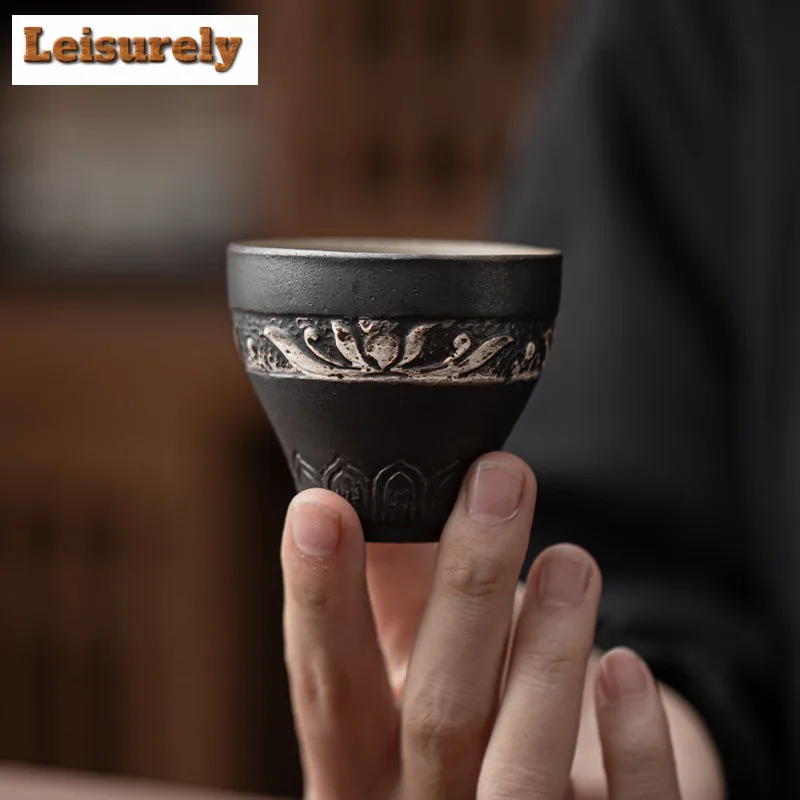 Wabi Sabi Style Black Pottery Mud Teacup Lotus Petal Master Cup Tasting Meditation Cup Personal Tea Bowl Kungfu Teaset Drinkware