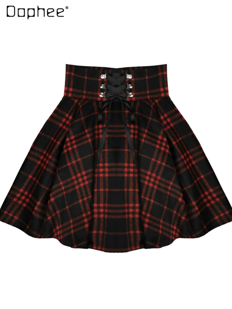 2023 Early Autumn Clothing Hooded Hoodie Girl's Dark Black and White Plaid Skirt High Waist Bubble Skirts Female Two-Piece Suit