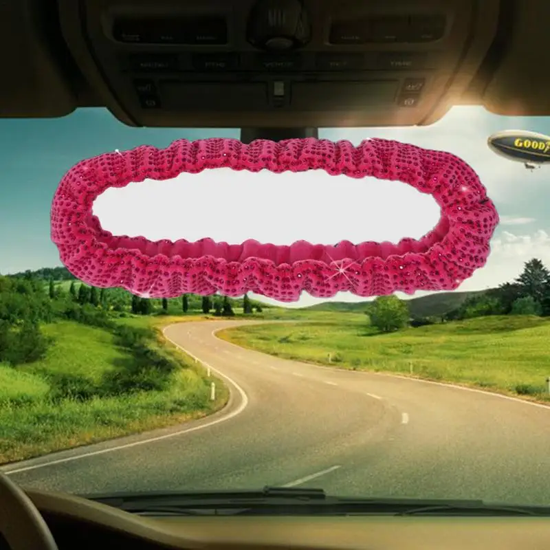 Decorative Rearview Glass Accessories Rhinestone Dustproof Rear View Glass Cover Women Rearview Trim Vehicle Interior