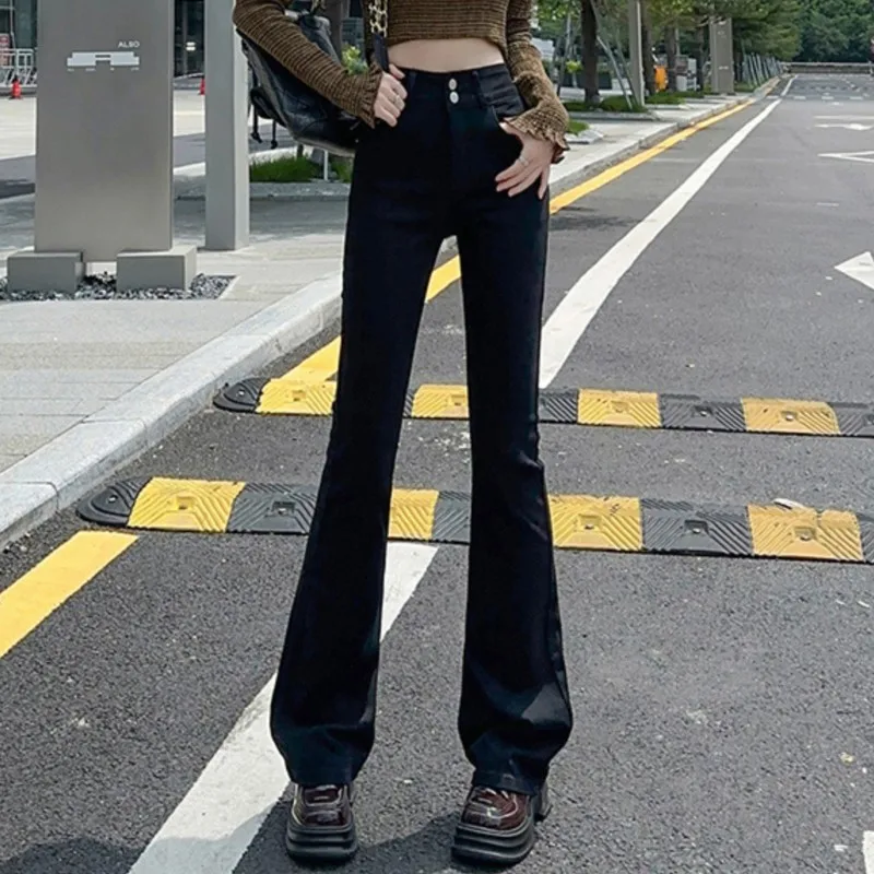 여성용 데님 청바지, 한국 플레어 팬츠, 블랙 스트레치 디자인, 섹시한 하이 퀄리티 코튼, 하이웨이스트 바지, 신상