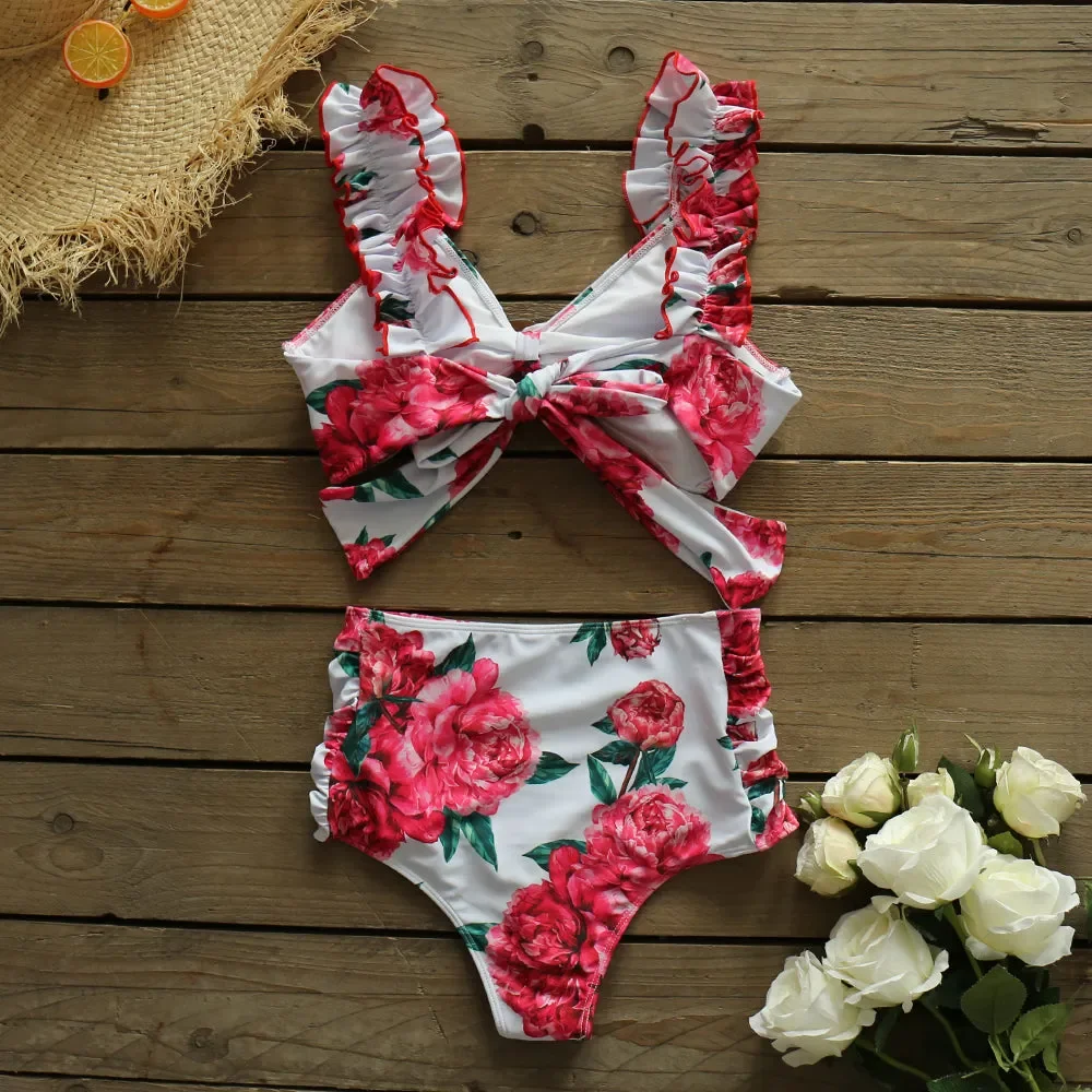 High Waisted Printed Bikini Shoulder Strap Lace Design Beach Clothes Vacation Women Outfits Export Sexy Bathing Suits 2024