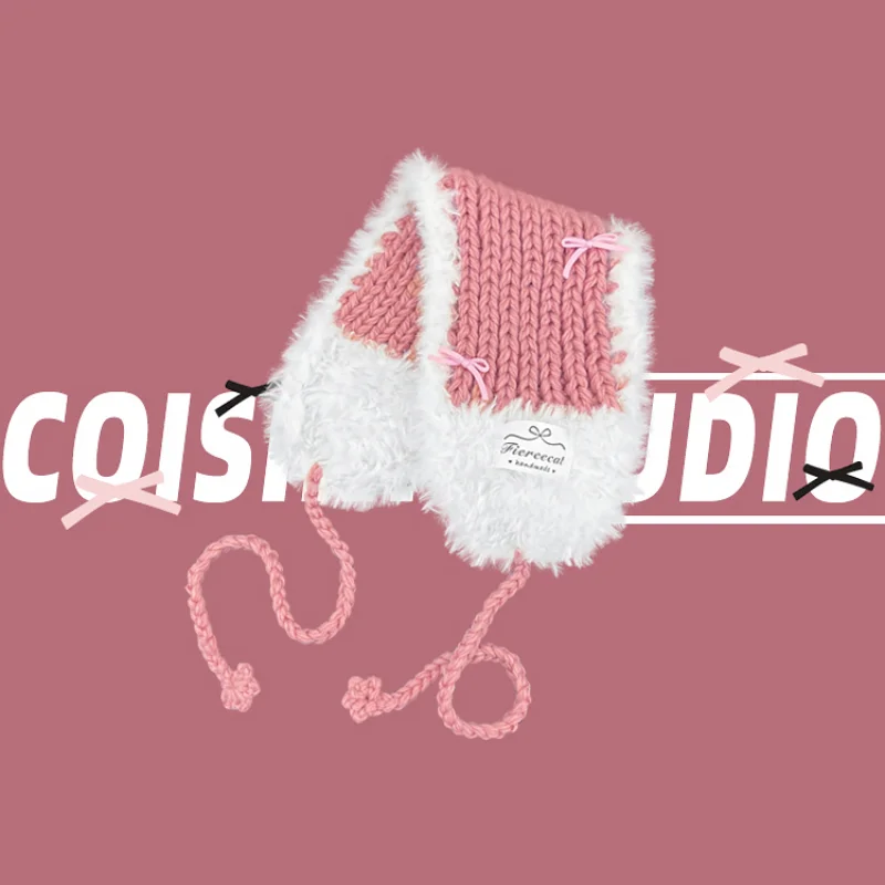 Korean Sweet Pink Hand-knitted Plush Earmuffs Women Autumn and Winter Travel Keep Warm Versatile Hair Accessories warm earmuffs