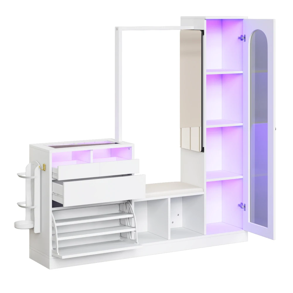 6-in-1-Multifunktions-Kleiderschrank-Set – Friseurtisch, Schuhbank, Klappschrank und Glasvitrine mit LED, praktischer Aufbewahrung zu Hause – Detail 20