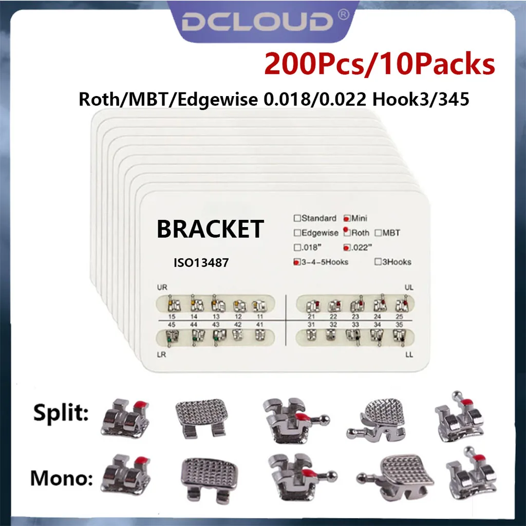 200 PCS/10 แพ็คทันตกรรมจัดฟันวงเล็บรั้งโลหะ Monoblock แยก MINI Roth/MBT/Edgewise Slot.022/018 ตะขอ 3/345 ทันตกรรม 1