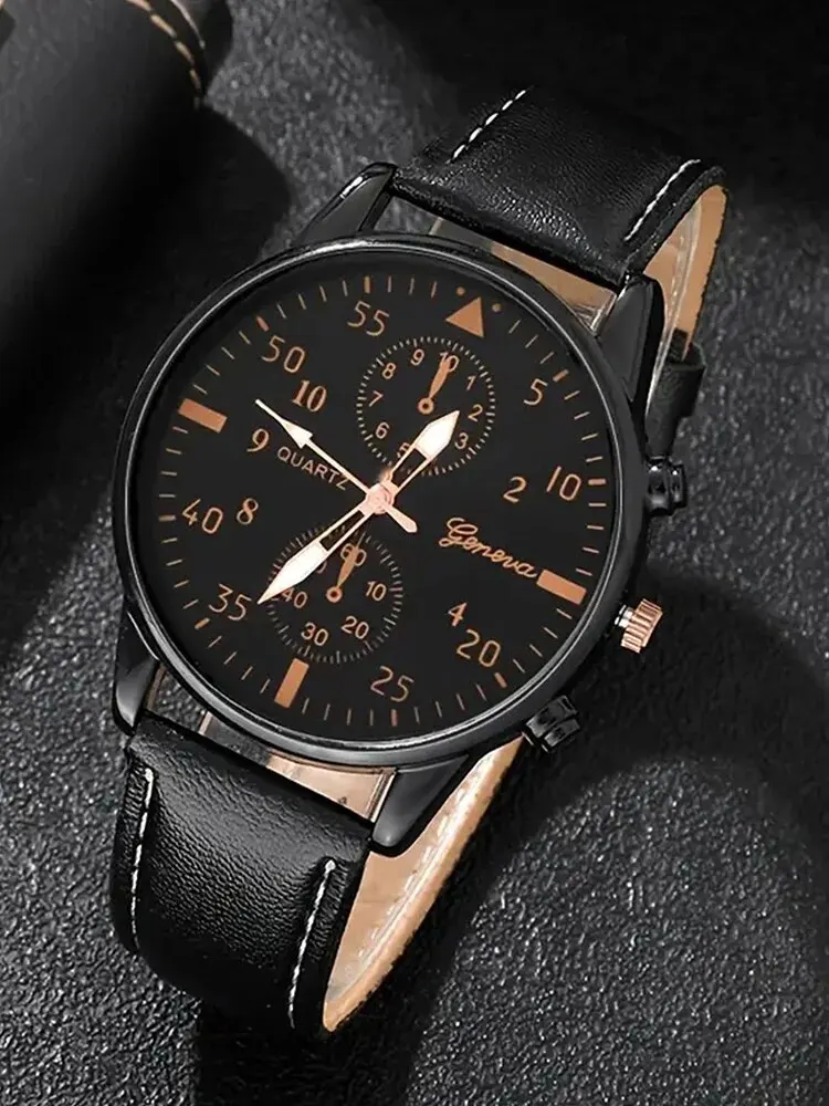 4pcs Fashion Business Leisure Round Men's Belt Quartz Watch with Woven Bracelet Set 3