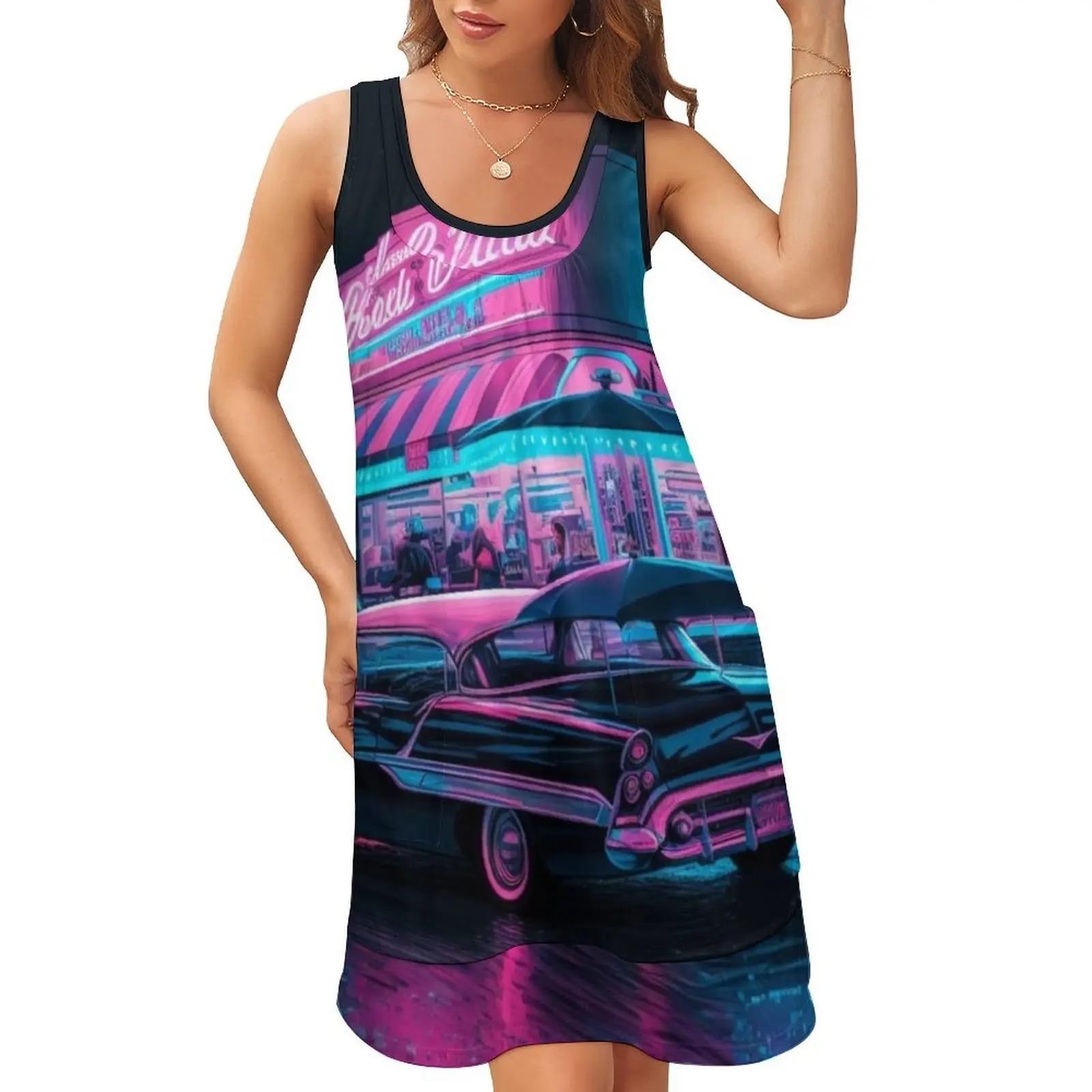 

Classic Miami Vice Diner - Retro Miami Vice 80s design - Cool vintage design Sleeveless U-Neck Fake Two Piece Dress