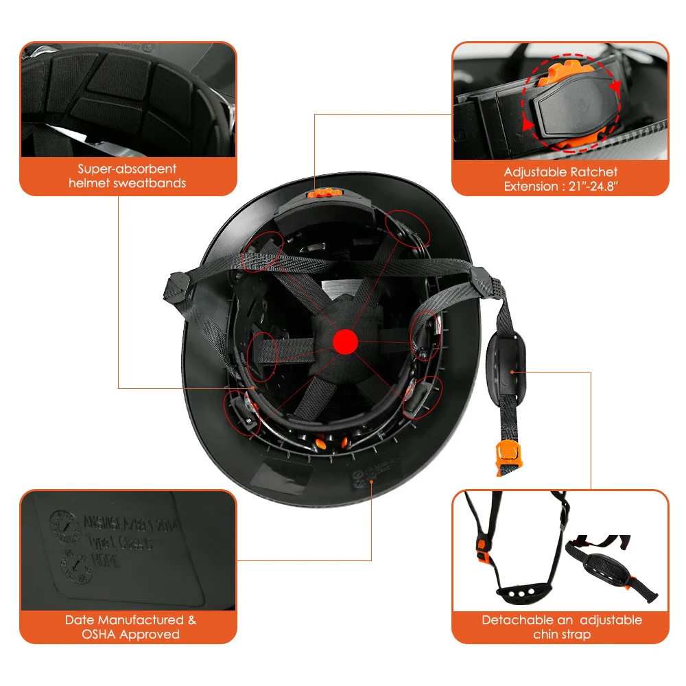 Carbon Fiber Pattern Full Brim Hard Hat safety helmet With CE Goggles For Engineer Construction Safety Helmet HDPE HardHat Suspension 6 Point