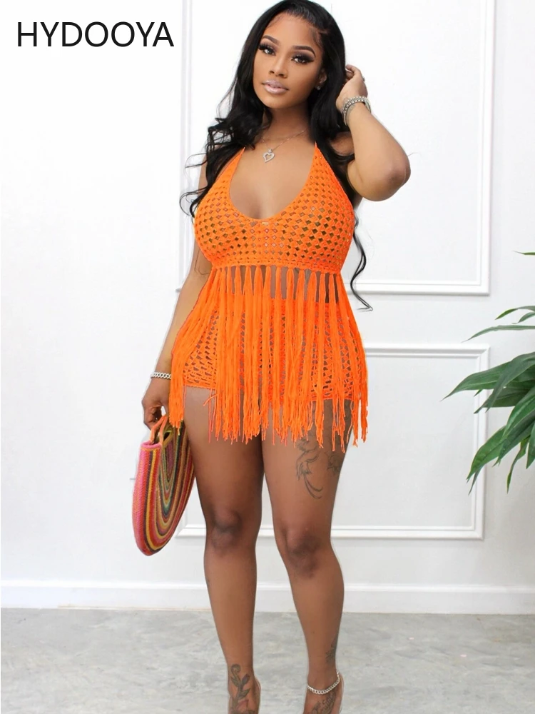 Handmade Crochet Bikini Cover Up Transparent Tassels Knit Top High Waist Short Bikini Swimsuit Women Bathing Suit Beach Cover-up