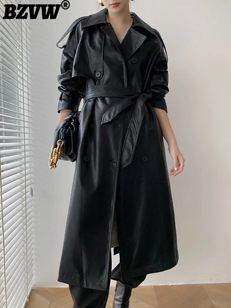 

BZVW 2023 Autumn Winter New British Retro Motorcycle PU Leather Jacket Women's Loose Versatile Belt Mid-length Overcoat Female