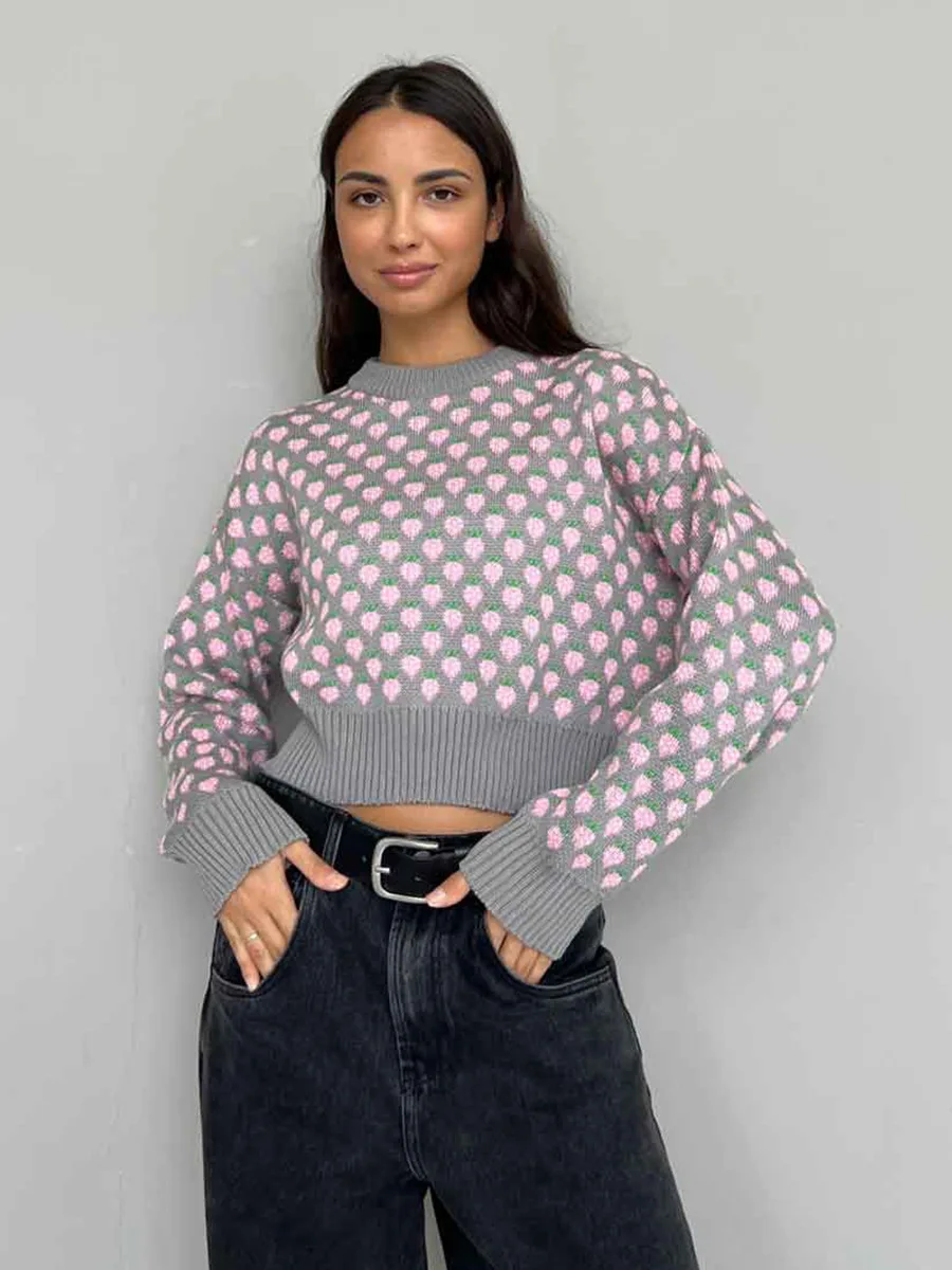 Bornladies Women's Autumn Winter New Strawberry Jacquard Sweater O-Neck Long Sleeve Loose Fit Casual Jumpers
