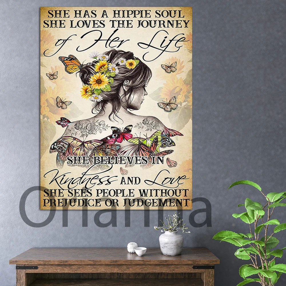 

She Has A Hippie Soul Quote Retro Prints Wall Art Canvas Painting Vintage Poster Art Pictures Home Decor Women Girl Gift Cuadros