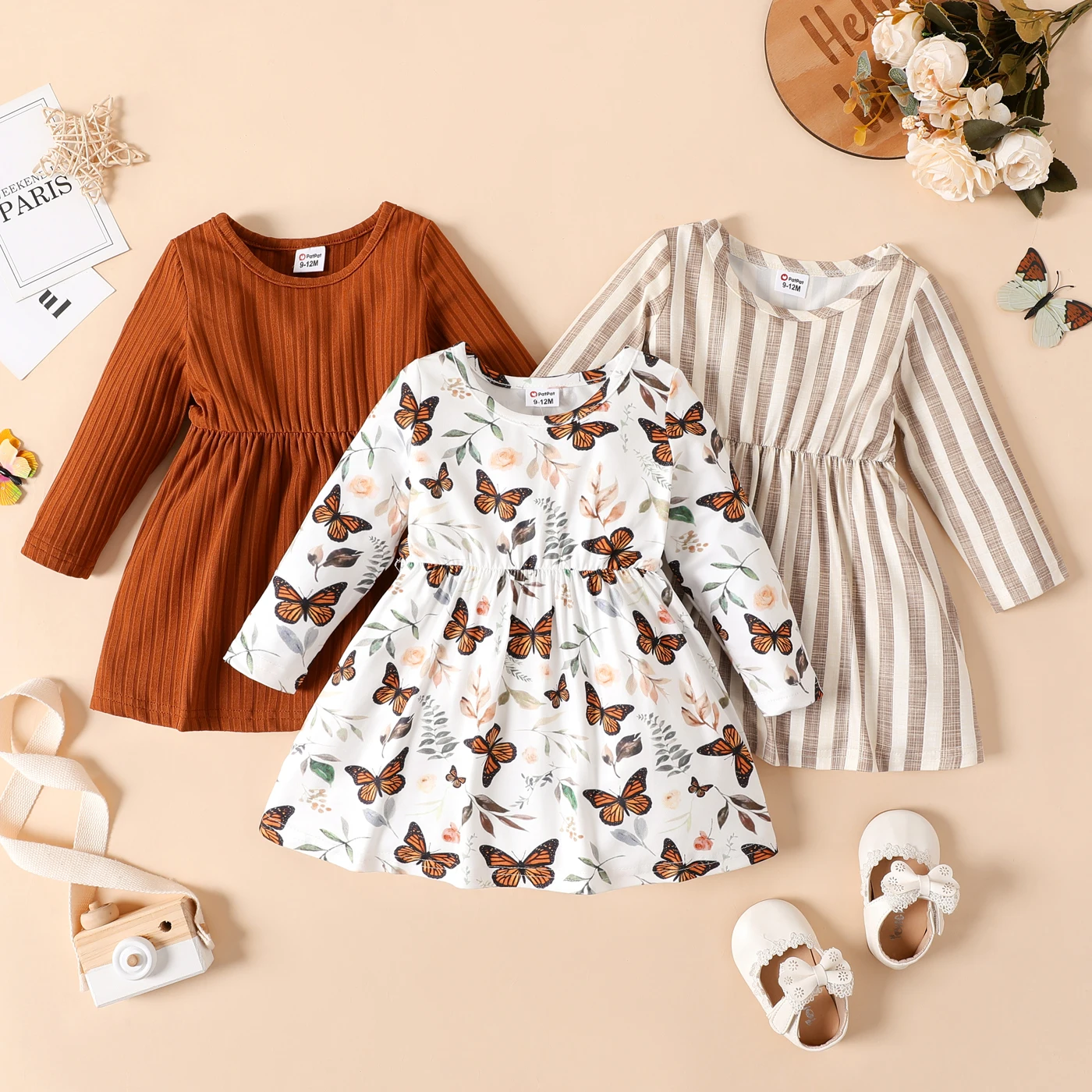 Baby Girl Dresses PatPat NewBorn Ribbed Striped Long-sleeve Overalls Kids Birthday Party Dress