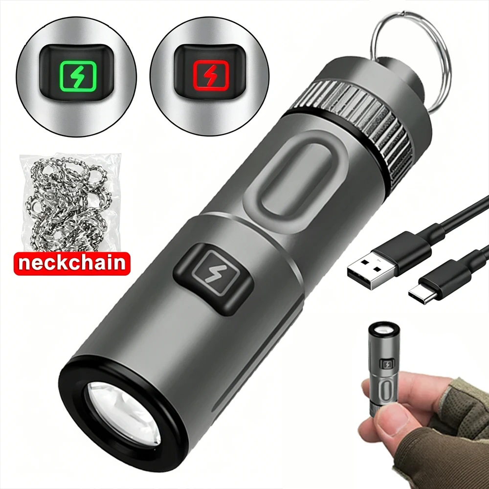 Compact USB Rechargeable LED Keychain Flashlight with Necklace - Portable 6-Mode Lantern for Camping and Emergencies