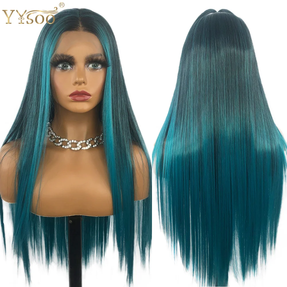 

YYsoo Long Blue Mixed Color Futura Synthetic 13x4 Lace Front Wig Pre Plucked Highlights Glueless Silky Straight Wigs For Women