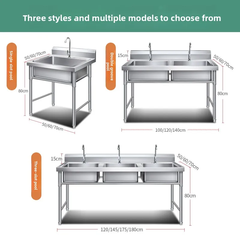 Commercial Stainless Steel Kitchen Sink Single Double Triple Bowl Vegetable Washing Basin Restaurant Dishwashing Sink Durable