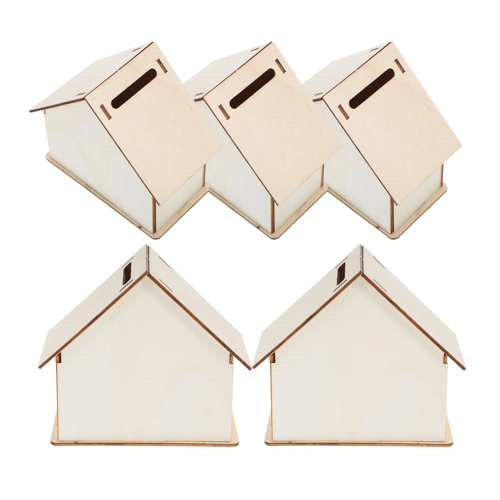5 Pcs Wooden Children Doodle Piggy Bank Unfinished Coin Banks DIY Saving Craft House Shape Change Container 3