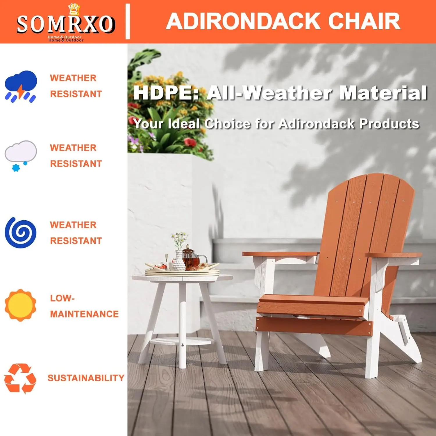 Foldable Adirondack Chair. Weather Resistant. Fire Pit Chair. Durable Plastic. White & Orange. For Patio, Garden.
