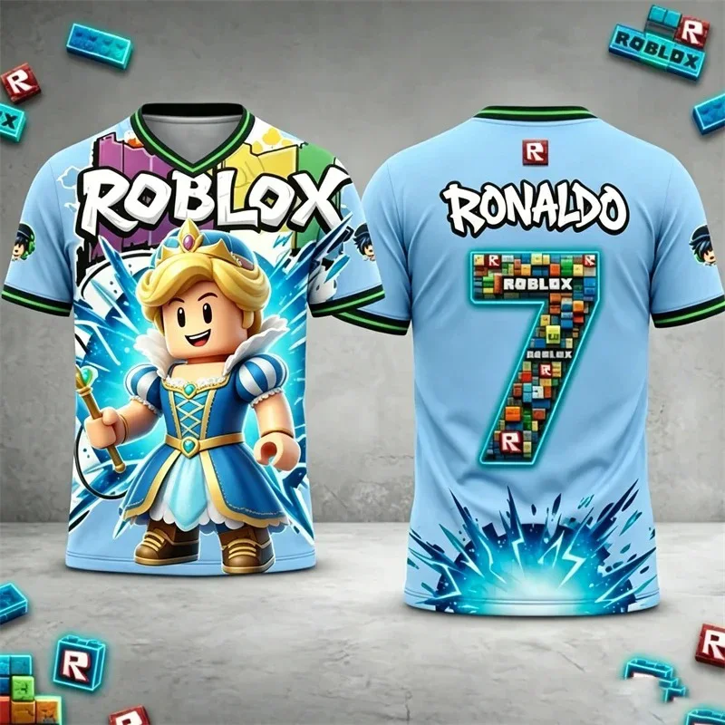어린이 Roblox 그래픽 프린트 티셔츠 소년 V 넥 저지 스타일 반팔 여름 캐주얼 게임 탑