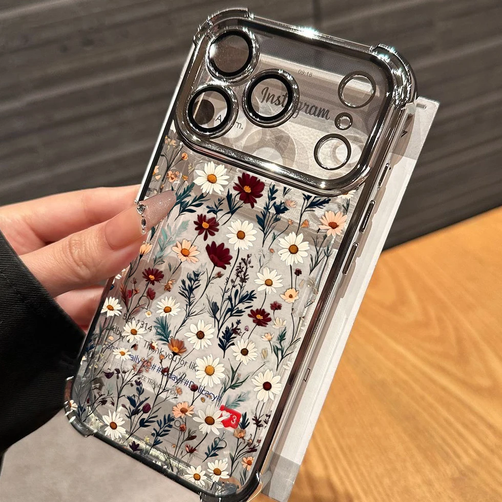Elegant Daisy Flower Plating Airbag Phone Case - Transparent Shockproof Design