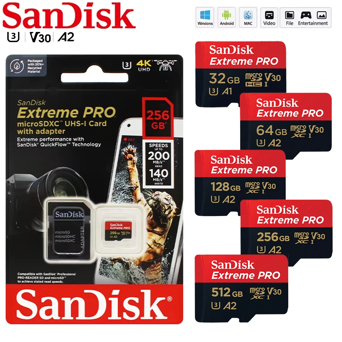 익스트림 산디스크 프로 마이크로 SD 카드 128GB 64GB 32GB 512GB 256GB 400GB 마이크로 SD 1TB 플래시 메모리 카드 SD U3 4K V30 마이크로SD TF 카드