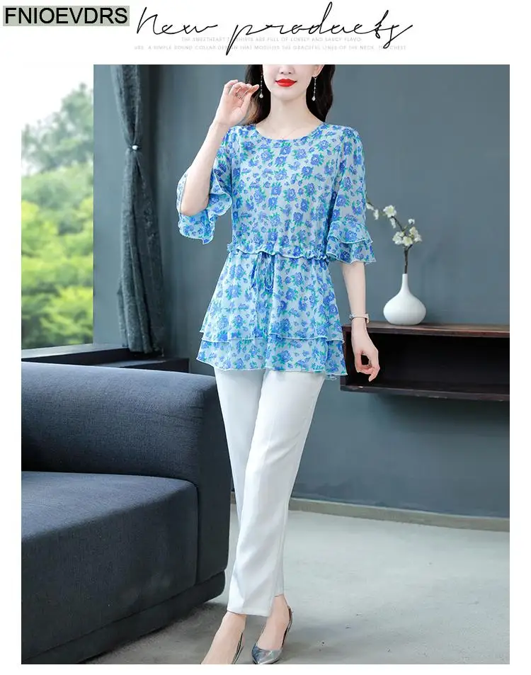 S-4XL Loose Clothes 2023 Women Summer Short Sleeve Elegant Ruffles Shirts Casual Chiffon Floral Tunic Peplum Tops And Blouses