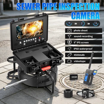 Sewer Pipe Inspection Camera 9" IPS 1080P Self-Leveling 512HZ Locator DVR Recording Meter Counter 1